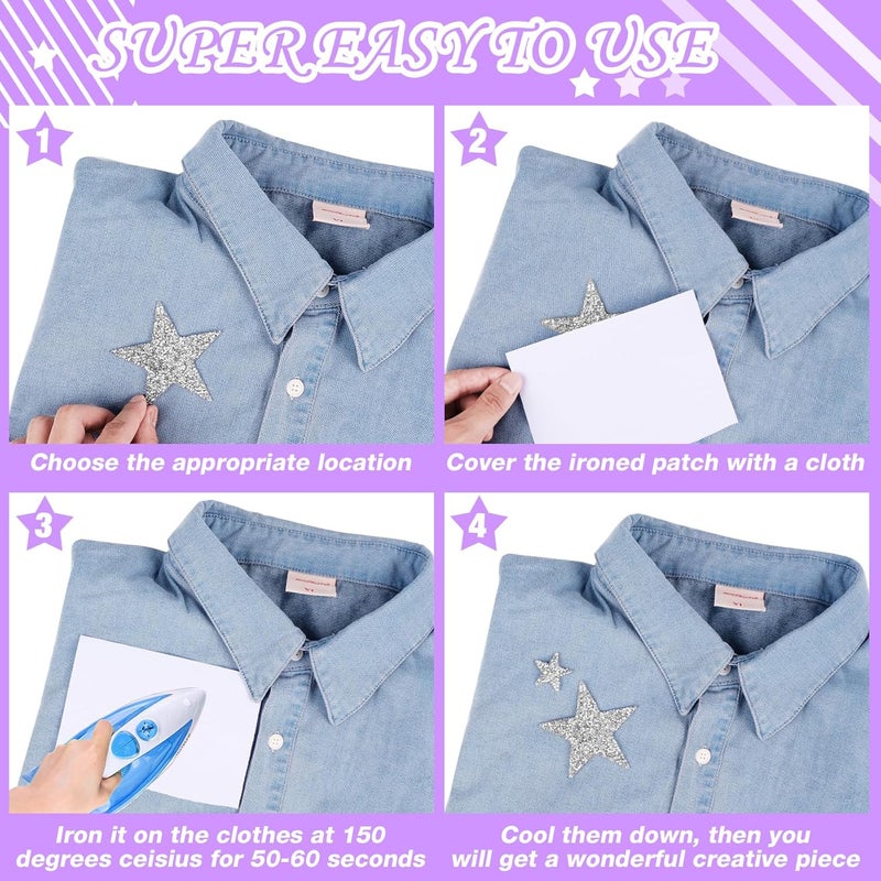 Torc 64Pcs Iron On Glitter Star Patches - Silver Rhinestone No Sew Appliques for Hats, DIY Crafts, Girly Fashion Accessories for Jeans, Shirts, Jackets, Iron On Patches (Silver & Black, Mixed Size) - Image 4